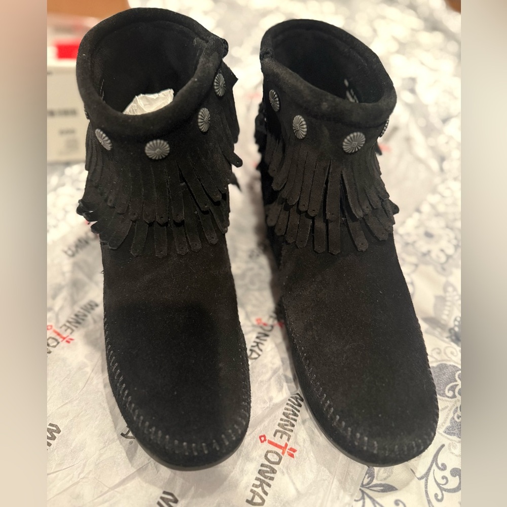 Minnetonka Black Suede Ankle Boots with Fringe